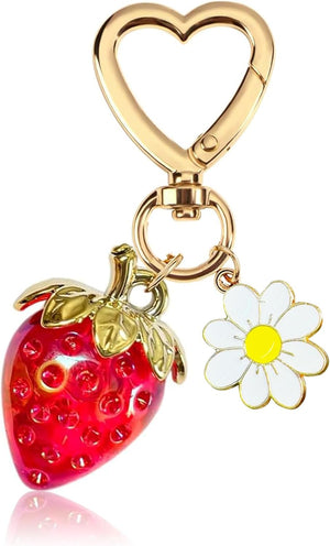 Cute Strawberry Keychain for Women, Girls Bag Charm Key Chain Accessories, Heart Flower Keychains for Purse, Clear Red