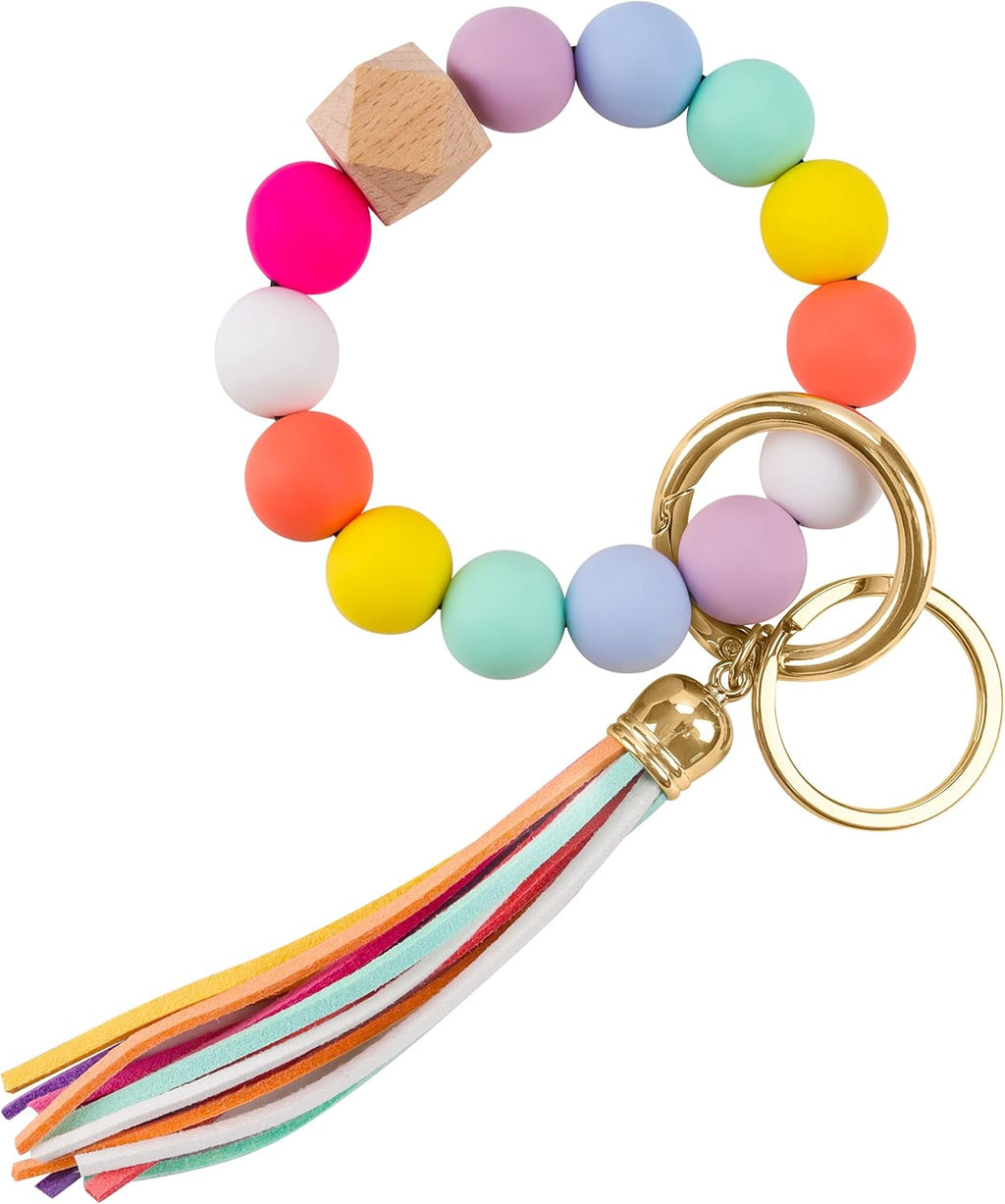 Silicone Key Ring Bracelets Wristlet Keychain Car Beaded Key Ring Bangle Chains for Women, Rainbow