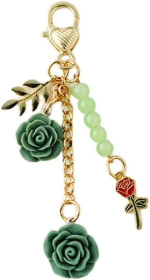 Flower Charm Keychain with Chain Tassel Colorful Rose Pendant Keyring for Women, Green