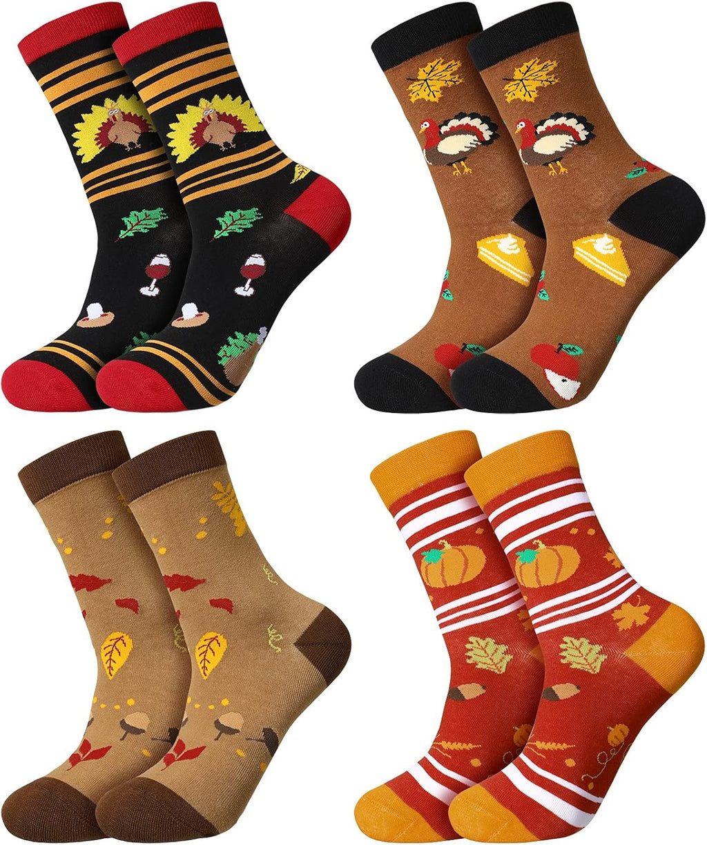 4 Pair Fall Sock Autumn Novelty Sock Thanksgiving Holiday Sock Leaves Pumpkin Turkey Print Sock for Women Girl Gift