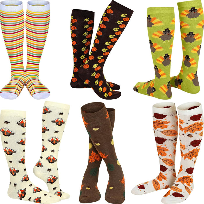 6 Pairs Fall Socks Thanksgiving Compression Socks Autumn Socks for Women Men with Turkey, Maple, 6 Design