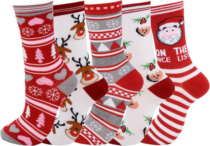 5 Pairs Christmas Holiday Socks Womens Christmas Socks Crew Knee Cozy Socks Fuzzy Christmas Crew Socks