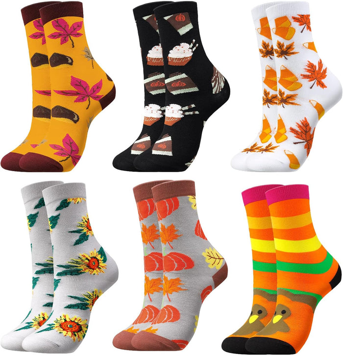 6 Pairs Fall Socks for Women Thanksgiving Socks Novelty Holiday Socks Fuzzy Pumpkin Autumn Christmas Black Turkey Maple Leaves