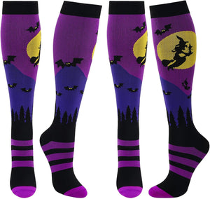 2 Pairs Witch Bats Knee High Socks, Trick or Treat Compression Stockings 15-20 mmhg