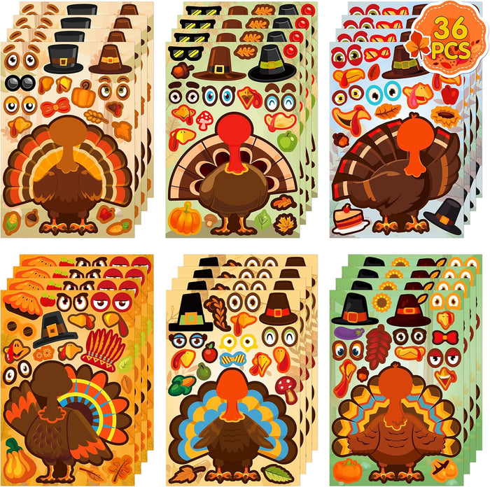 36 Sheets Thanksgiving Stickers Crafts for Kids, Thanksgiving Turkey Crafts Stickers, Turkey