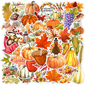 50 PCS Thanksgiving Stickers, Autumn Fall Pumpkin Turkey Maple Leaf Stickers Decals for Thanksgiving