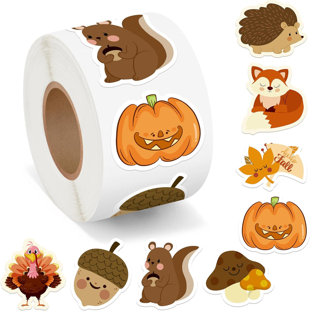 600Pcs Fall Stickers Roll of 8 Cute Pumpkin Maple Leaves Animals Self Adhesive Labels Decals Seasonal Harvest Envelope Seals