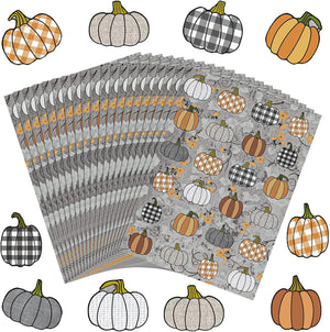 480 Pcs Pumpkin Stickers for Kids Fall Thanksgiving Autumn Stickers Farmhouse Rustic Pumpkin Stickers Buffalo Plaid, Delicate Style