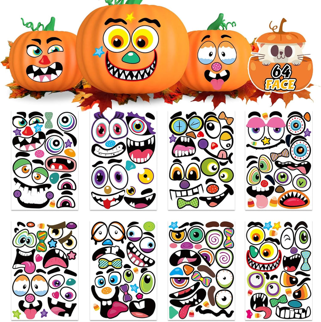 64 Pack Pumpkin Face Stickers Halloween Stickers for Kids Toddlers Halloween Pumpkin Decorating Stickers Large