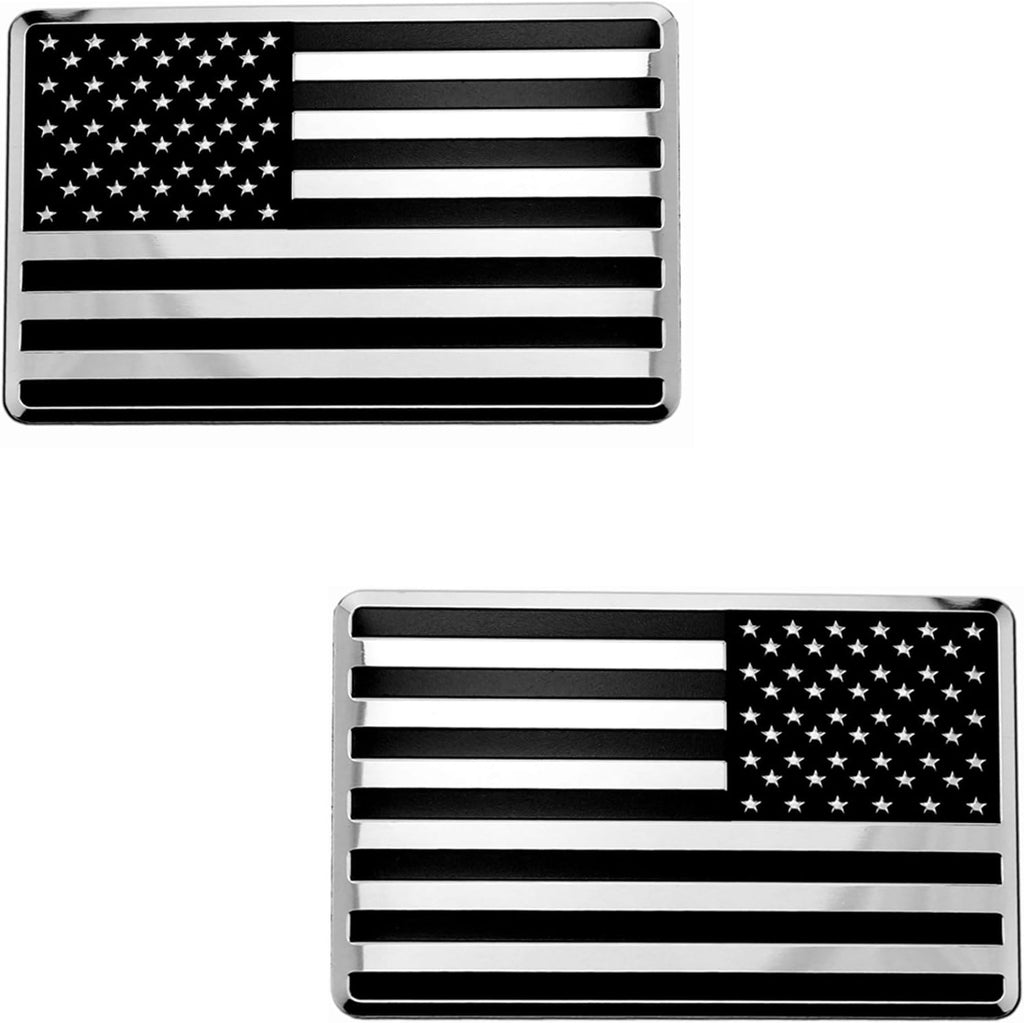 USA Embossed Stainless Steel Metal Flag for Cars Trucks (3.12" x 2", Black & Chrome set Left & Right)