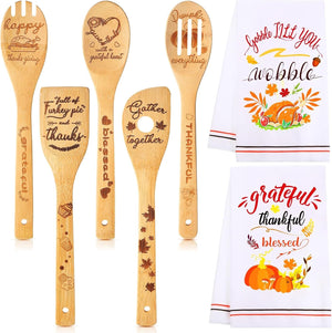 7 Pcs Thanksgiving Kitchen Decor Set, Including 2 Pcs Friendsgiving Kitchen Towels Funny Dish Towel and 5 Pcs Wooden Spoons