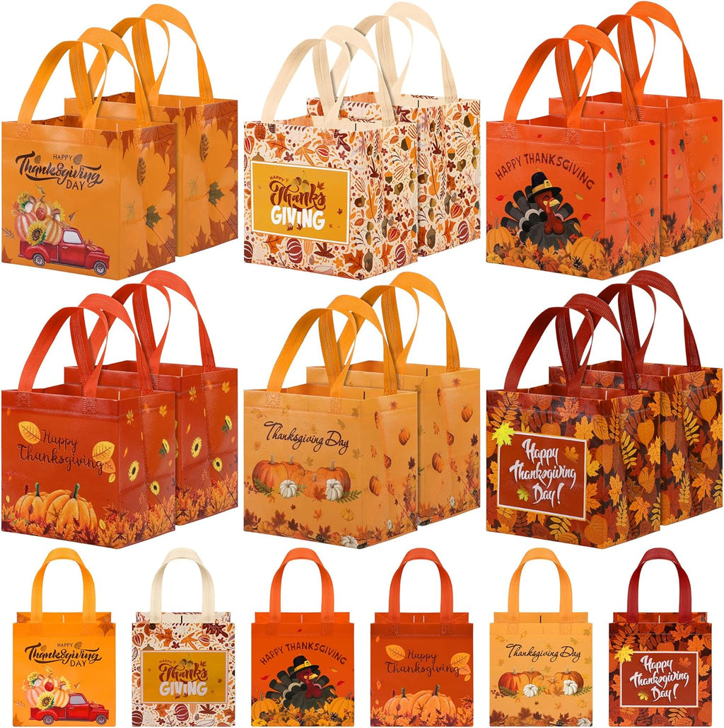 18 Pieces Thanksgiving Non-Woven Tote Bags Turkey Pumpkin Fall Party Gift Bags with Handles