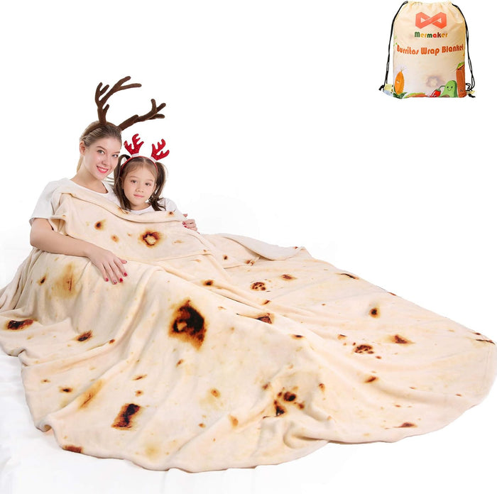 Burritos Tortilla Throw Blanket 2.0 Double Sided 71 inches for Adult and Kids, Giant Funny Realistic Food Blankets, 285 GSM