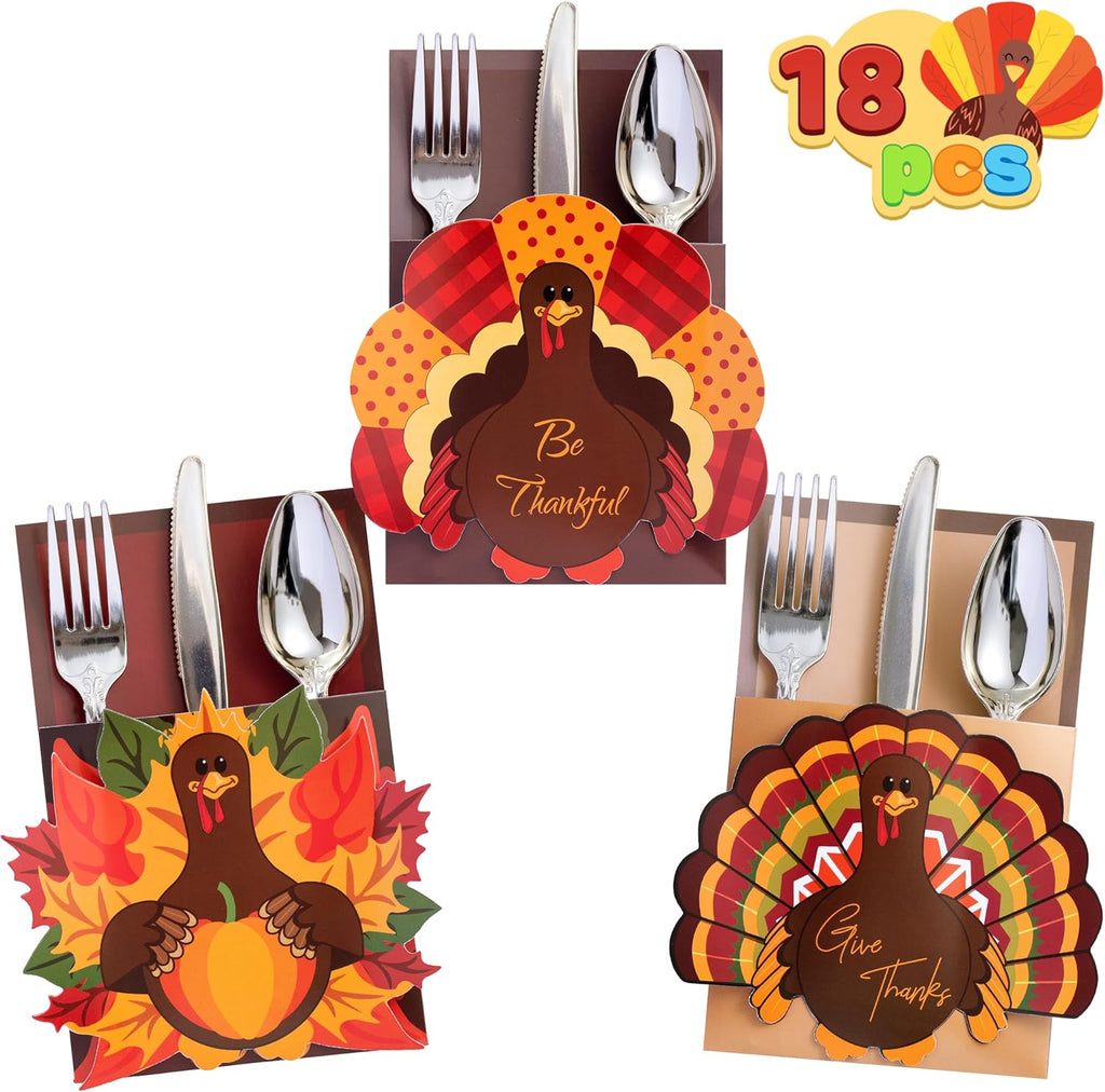 18PCS Thanksgiving Cutlery Holders Set, Thanksgiving Turkey Utensil Décor, Autumn Fall Harvest Party Supplies