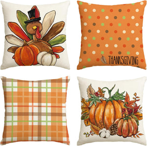 Thanksgiving Turkey Pumpkin Throw Pillow Covers, 18 x 18 Inch Give Thanks Cushion Case for Sofa Couch Set of 4