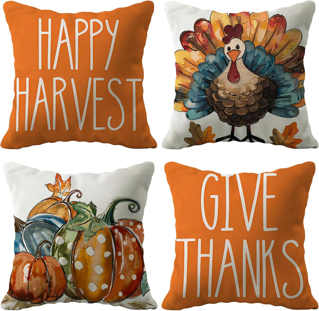 Thanksgiving Turkey Pumpkin Throw Pillow Covers 18 x 18 Set of 4