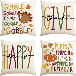 Thanksgiving Gobble Turkey Pumpkin Throw Pillow Covers, 18 x 18 Inch Give Thanks Happy Harvest Cushion Case for Sofa Couch Set of 4