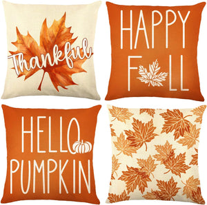 4 Pack Fall Pillow Covers Decoration,18x18in Farmhouse Orange Maple Leaf Thanksgiving Throw Pillows Cushion Case