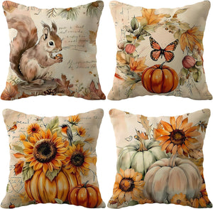 Set of 4 Pumpkin Sunflower Autumn Harvest Throw Pillow Cases Squirrel Decorative, 18 x 18 inches