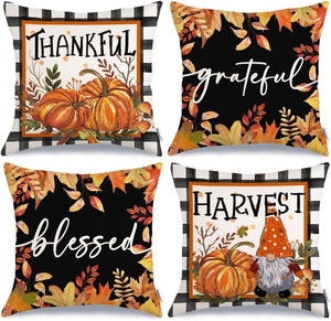 Fall Decorative Throw Pillow Covers 20 x 20 Inch Set of 4, Thankful Grateful Blessed Harvest Pumpkin Gnome Thanksgiving