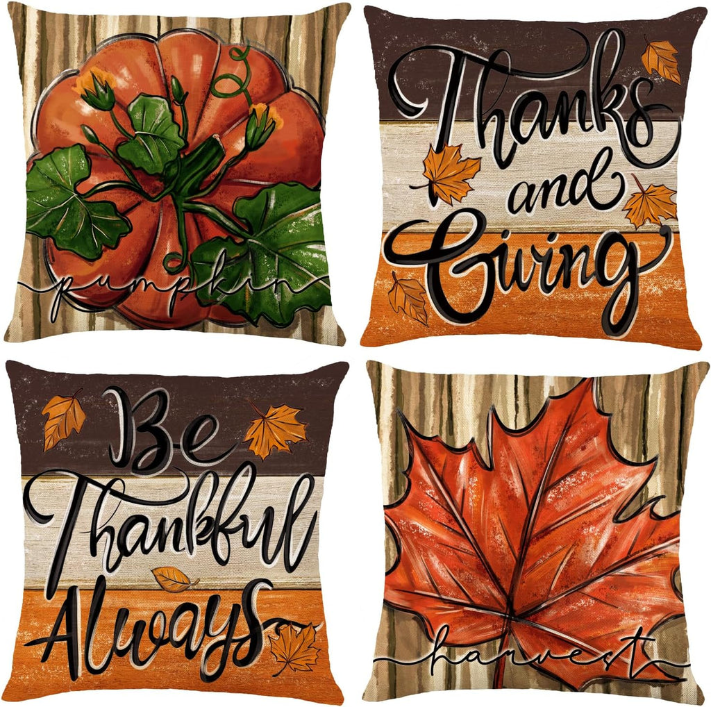 4 Pack Fall Pillow Covers Decoration,18x18in Farmhouse Tree Texture Bottom Pumpkin Maple Leaf Thanksgiving Throw Pillows Cushion Case