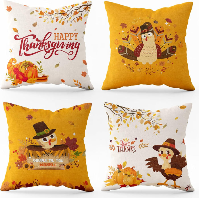 Thanksgiving Turkey Pumpkin Pillow Covers Happy Thanksgiving Harvest Decorative Throw Pillow Covers, Set of 4