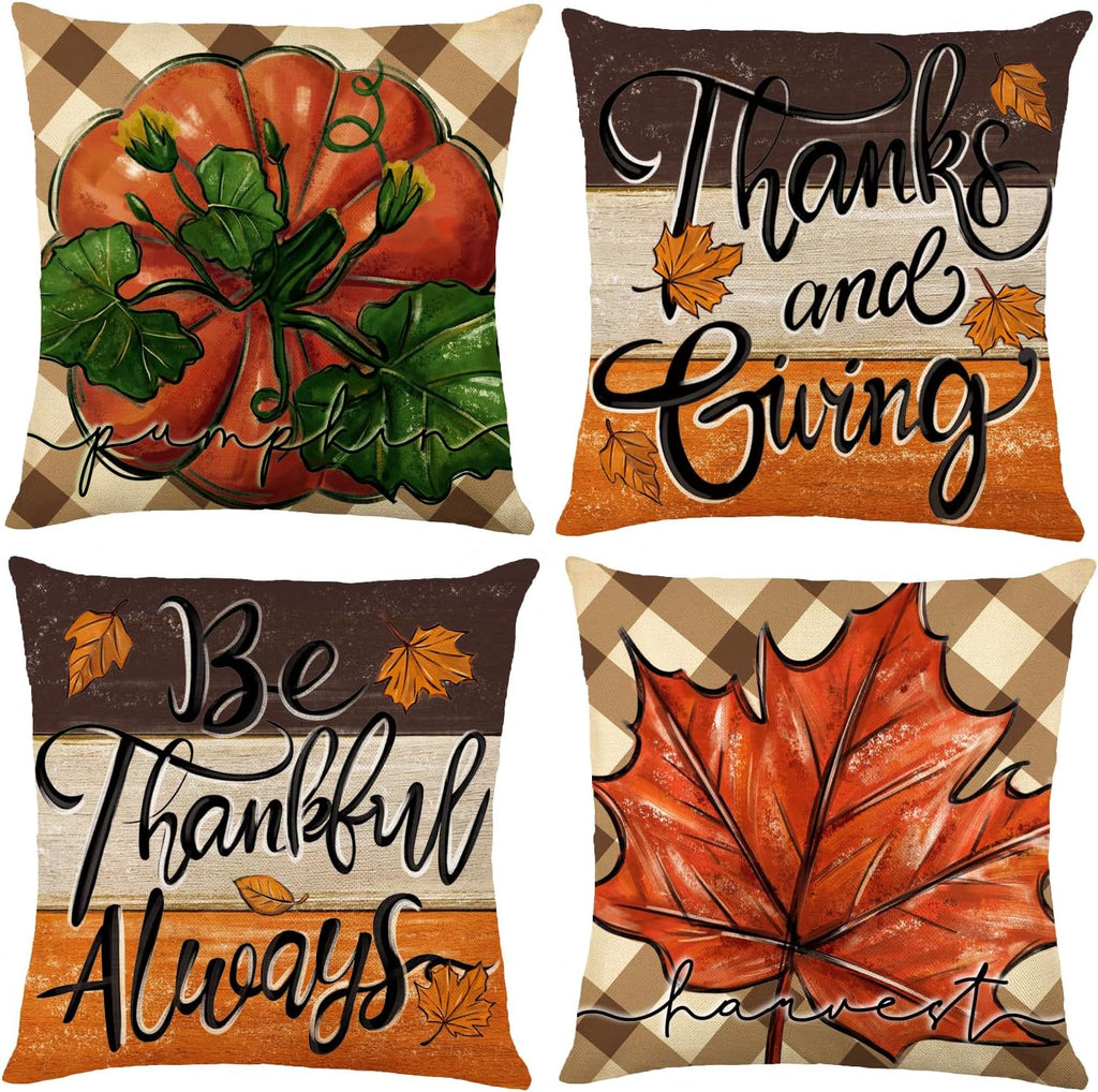 4 Pack Fall Pillow Covers Decoration,18x18in Farmhouse Plaid Bottom Pumpkin Maple Leaf Thanksgiving Throw Pillows Cushion Case