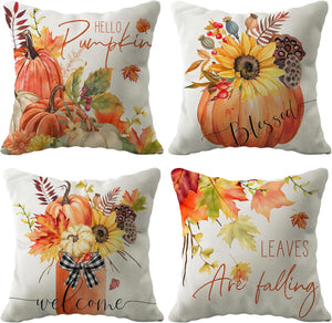 Fall Decor Pillow Covers 18x18 Set of 4 Pumpkin Maple Leaves Sunflower Vase Fall Outdoor Throw Pillows Covers