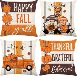 Gnomes Pumpkin Fall Throw Pillow Covers 18x18 inch Set of 4, Orange Brown Plaid Autumn Holiday Cushion Covers for Couch Sofa