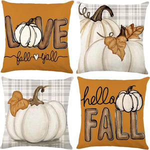 Fall Pumpkin Throw Pillow Covers 18x18 Set of 4, Maple Leaves Love Autumn Thanksgiving Harvest Decorative