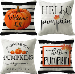 Fall Pumpkin Pillow Cover 18x18 Fall Decor Cushion Cover Autumn Stripe Throw Pillow Cover, 4 Pieces