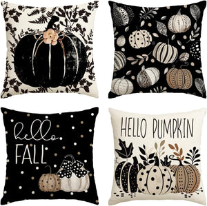 Fall Hello Pumpkin Leaves Throw Pillow Covers, 18 x 18 Inch Autumn Thanksgiving Harvest Polka Dot Black Decorations