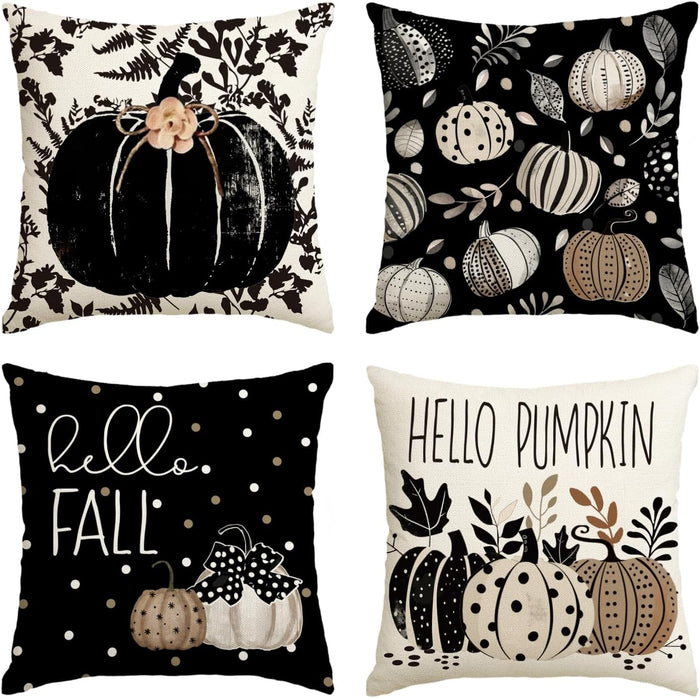 Fall Hello Pumpkin Leaves Throw Pillow Covers, 18 x 18 Inch Autumn Thanksgiving Harvest Polka Dot Black Decorations