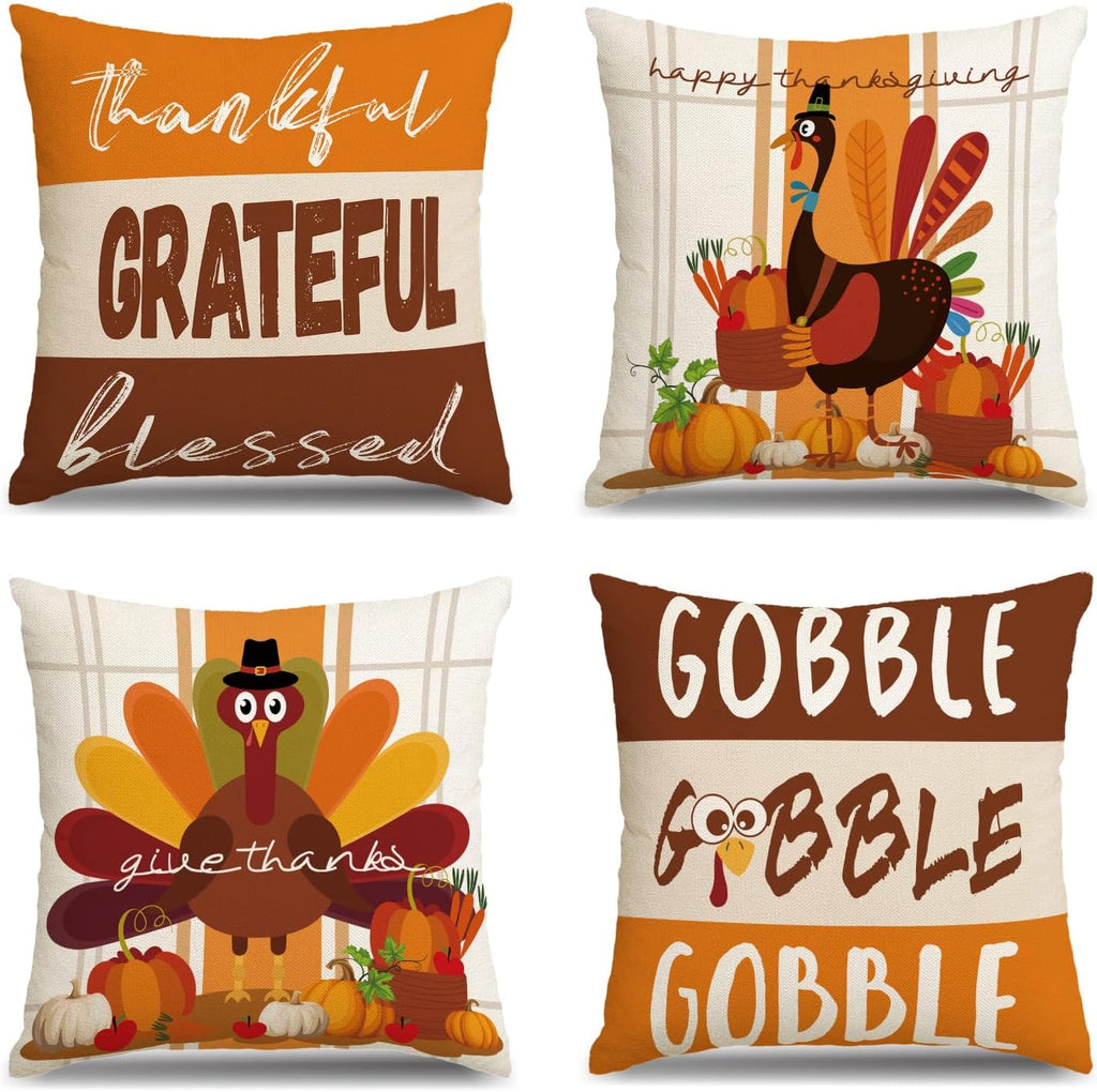 Thanksgiving Pillow Covers 18x18 Set of 4, Fall Throw Pillow Covers Turkey Pumpkin Orange Farmhouse Home Decor