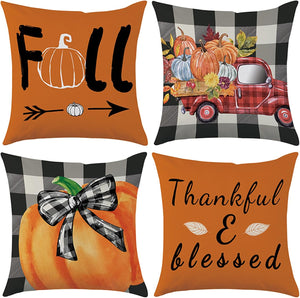 Fall Pillow Covers 18x18 Set of 4 Buffalo Check Orange Pumpkin Truck Thanksgiving Farmhouse Pillows Cases