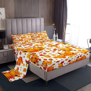 Fall Pumpkin Bed Sheets King Autumn Maple Leaves Bedding Set Thanksgiving Harvest Season Decor Sheet Set