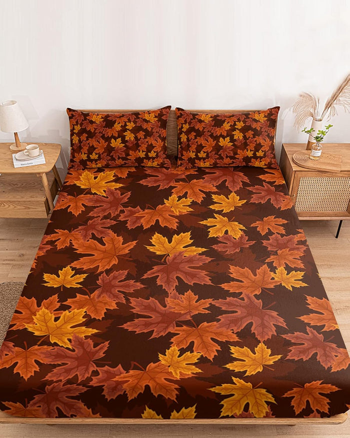 Autumn Maple Leaves Fitted Sheet Set for Queen Size Bed 3 Pieces Bedding Sheets-Deep Pocket Bedsheet Fits Mattress Upto 16"