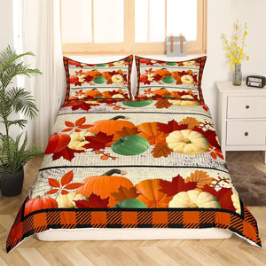 Pumpkin Bedding Duvet Cover Set Geometric Plaid Bedding Set Boys Girls Fall Pumpkin Festival Decor Comforter Cover Set