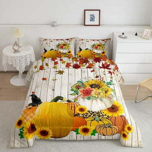 Pumpkin Comforter Set Thanksgiving Autumn Sunflowers Comforter for Boys Girls Leopard Stripes Bedding Set