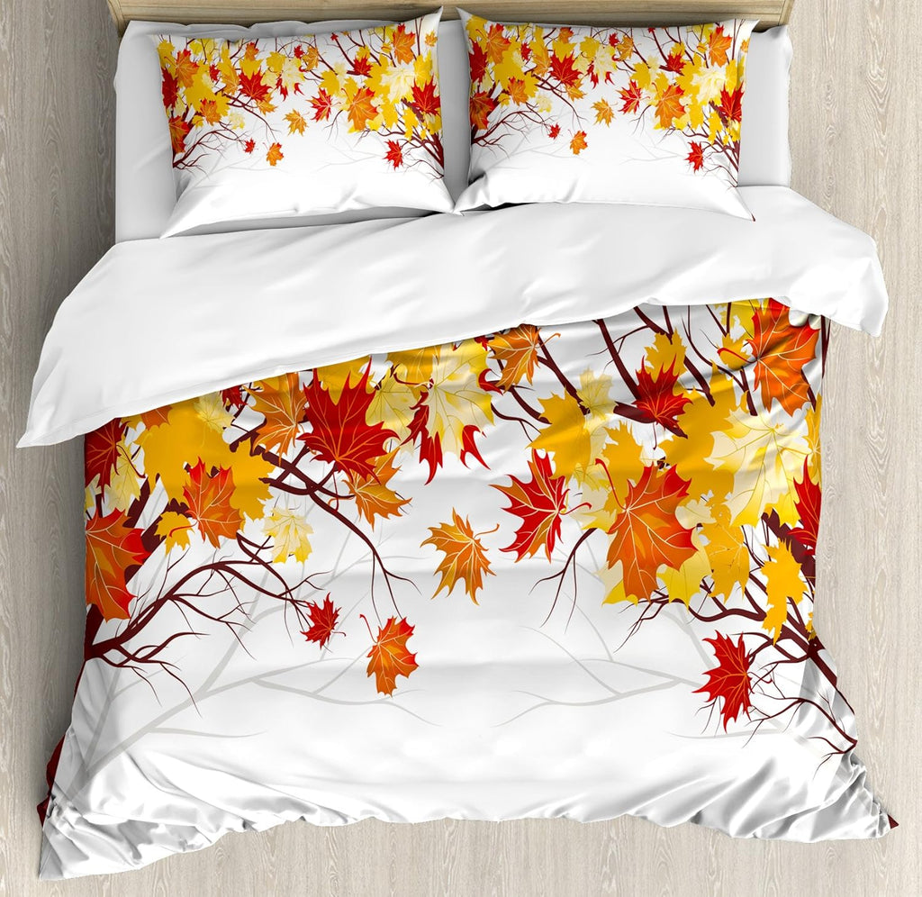 Fall Duvet Cover Set, Image of Canadian Maple Tree Leaves in Autumn Season Soft Reflection Effects, Decorative 3 Piece Bedding Set