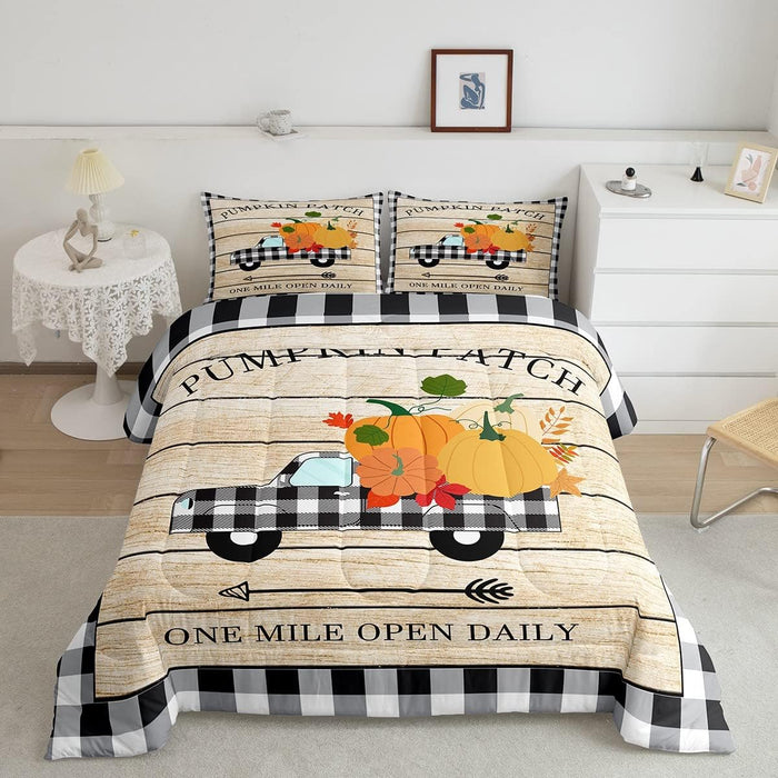 Pumpkin Grid Truck Bedding Set Queen Size,Rustic Farmhouse Comforter Set Kids Boys Girls Room Decor,Autumn Plants Themed Quilt Set