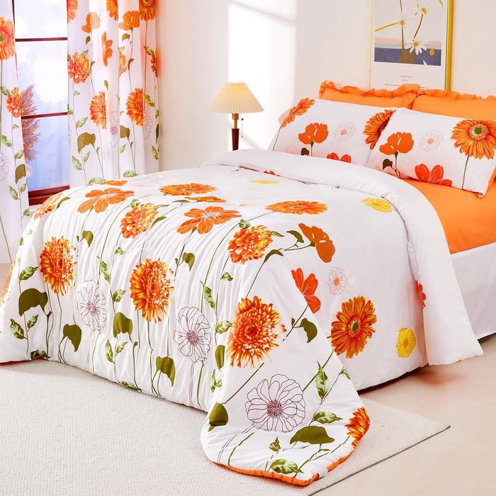 Duvet Cover Queen Size Soft Floral Comforter Cover Set with Zipper Closure Orange Sunflower Flowers Bedding Set for All Seasons 3 Pieces（1 Duvet Cover 90"x90", 2 Pillowcases）