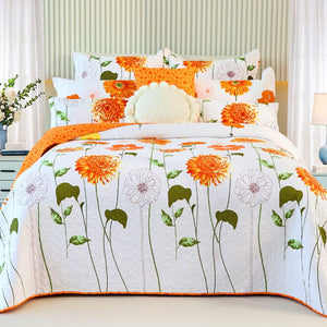 Cotton Quilt Queen Size Orange Sunflower Bedding Set Floral Lightweight Quilt Reversible Coverlet