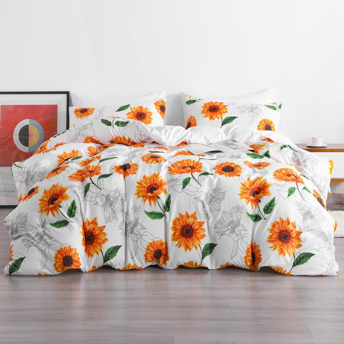 Microfiber King (106" x 90") Duvet Cover Set, 3 Pieces (1 Duvet Cover + 2 Pillowcases) Ultra Soft Sunflower Printed Comforter Cover Set