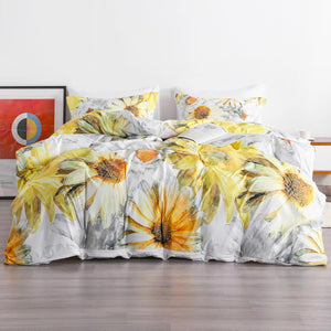 3 Pieces Ultra Soft Sunflowers Printed Comforter Cover Set with Zipper Closure and Corner Ties, Yellow and White