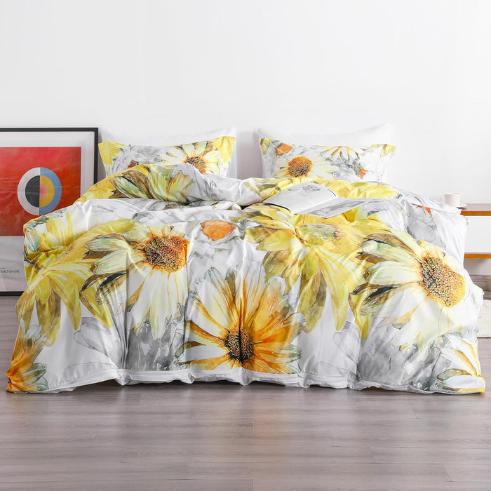 3 Pieces Ultra Soft Sunflowers Printed Comforter Cover Set with Zipper Closure and Corner Ties, Yellow and White