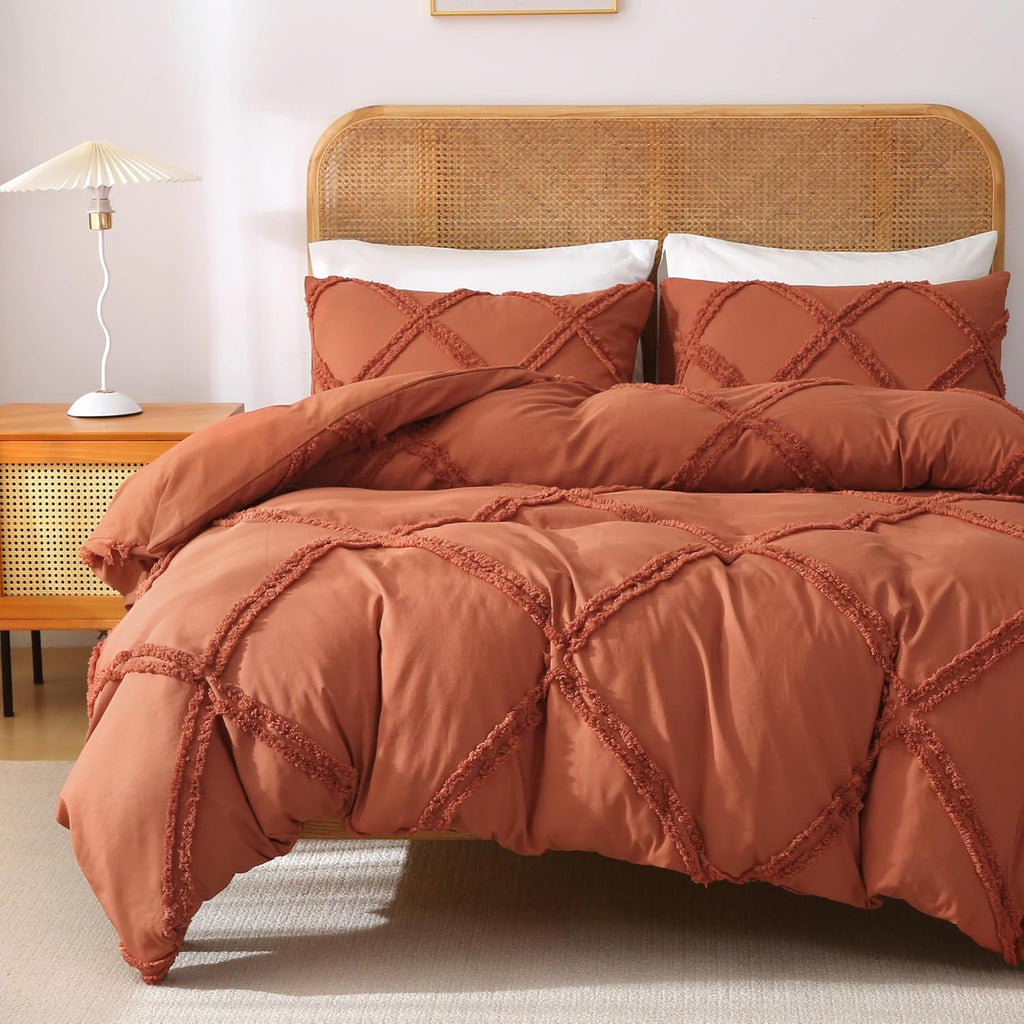 Boho Duvet Cover Pumpkin - Tufted Comforter Cover Set Geometric Textured Queen Size