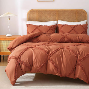 Boho Duvet Cover Pumpkin - Tufted Comforter Cover Set Geometric Textured Queen Size