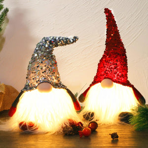 12" Lighted Christmas Gnome, Handmade Sequins Hat Scandinavian Swedish Tomte, Light Up Plush Elf Toy Holiday Present