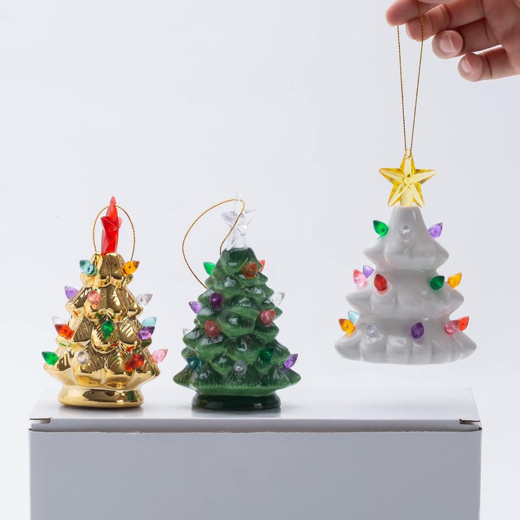 Set of 3 Mini 4.5" Inch Nostalgic LED Ceramic Christmas Tree with Lights Xmas Tree That Light Up Hanging Ornaments